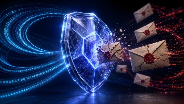Email security protection concept with glowing digital shield and letters