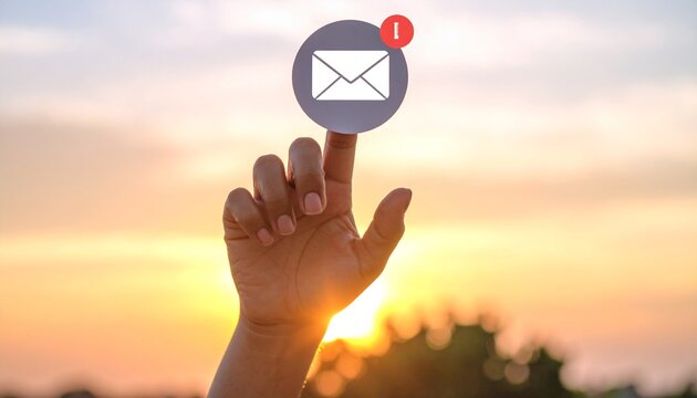 Close up Hand press email icon on blurred sunset background