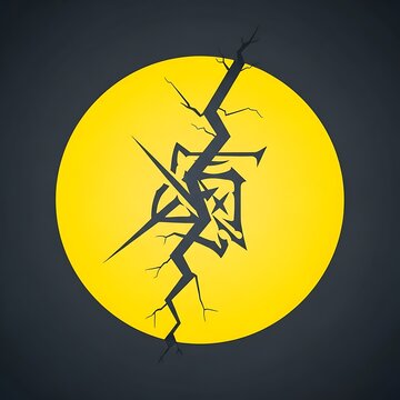 Striking Yellow Circle with Jagged Black Crack and Abstract Symbol.