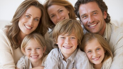 Obraz premium A family of five people, including a man, a woman, and three children, smiling and posing together in a cozy living room setting.