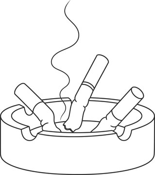 Cigarette Butts in Ashtray Line Art Vector Illustration Smoking Waste Outline.