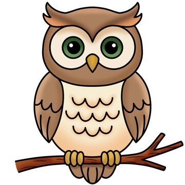 Cute cartoon owl sitting on tree branch single character element, wise kitten bird illustration with big green eyes for digital stickers and nursery design
