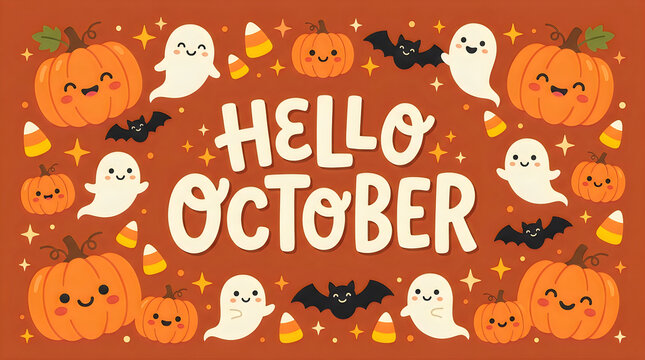 Cute halloween pumpkins ghosts and candy corn hello october fall illustration