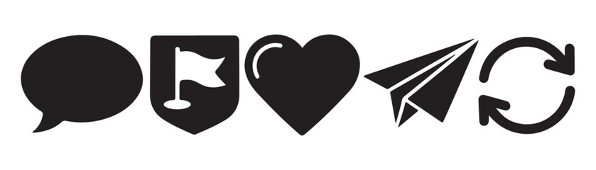 Obraz premium Social media interface icons featuring speech bubble flag heart paper plane and refresh arrow set.