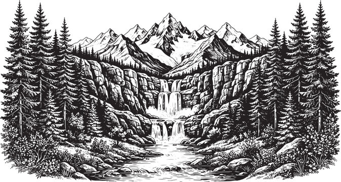 Hand drawn mountain landscape with waterfall and pine forest in black and white ink sketch style