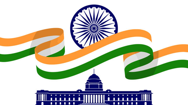 Patriotic Indian Flag with Ashoka Chakra and Parliament Building Illustration