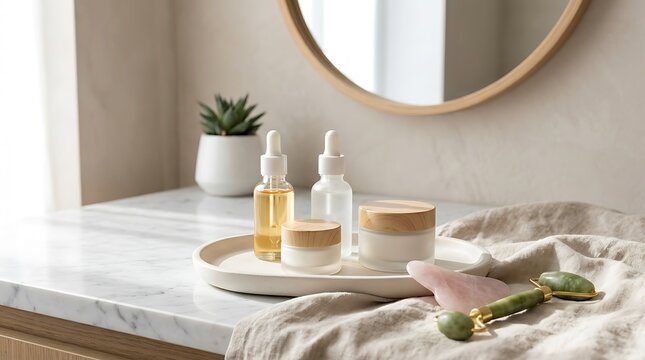 Natural skin care products with jade roller and bottles on a bathroom counter
