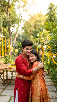Happy young indian couple in traditional clothing hugging each other in a beautiful sunny garden