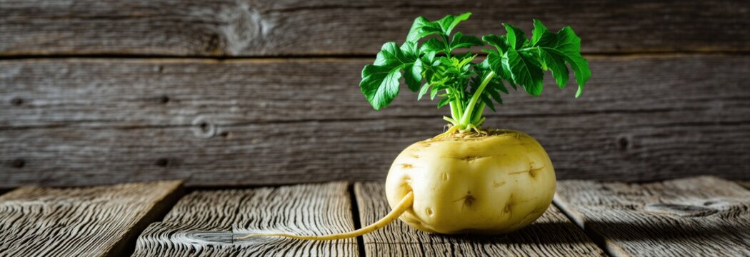 Round pale yellow root vegetable celeriac with green leaves on rustic wood. Fresh organic produce natural ingredient for cooking and healthy eating.