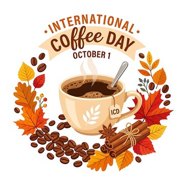 International Coffee Day illustration with autumn leaves coffee beans and a steaming cup of coffee