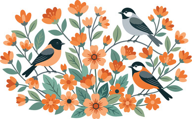 Charming Folk Art Illustration of Three Little Birds Perched Among Vibrant Orange Flowers and Green Foliage Branches © Shamim