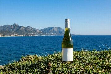 Obraz premium Bottle of white wine stands on green grass overlooking blue sea and mountains. Clear sky suggests pleasant day for outdoor drinking and relaxation.