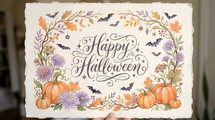 Fototapeta premium Watercolor halloween illustration with pumpkins flowers and calligraphy festive design
