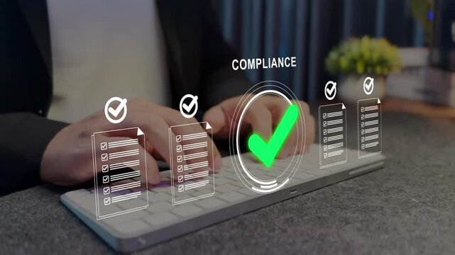 Regulatory compliance checklist concept. Digital check mark icons, standards verification, risk management and business certification process.