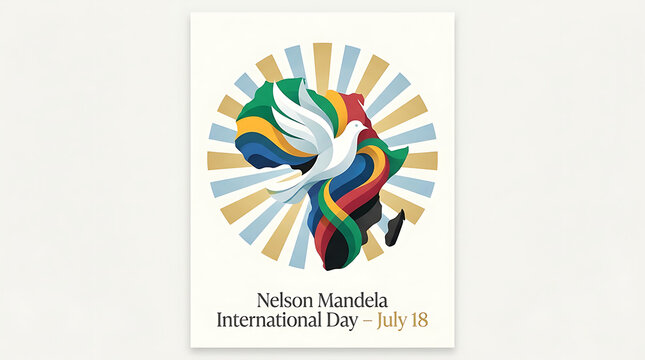 Nelson mandela international day poster with dove flying over colorful africa