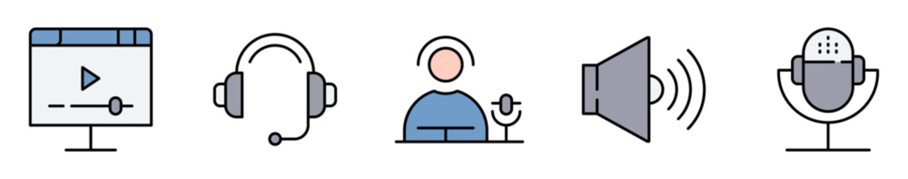 Conjunto de iconos de creaci&oacute;n de contenido. Representa producci&oacute;n multimedia y comunicaci&oacute;n digital. Incluye reproductor de video, auriculares, locutor, altavoz y micr&oacute;fono. Ilustraci&oacute;n vectorial