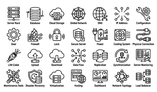 Technology Server Infrastructure Icon Pack Editable Stroke Vector Illustration Isolated on White Background