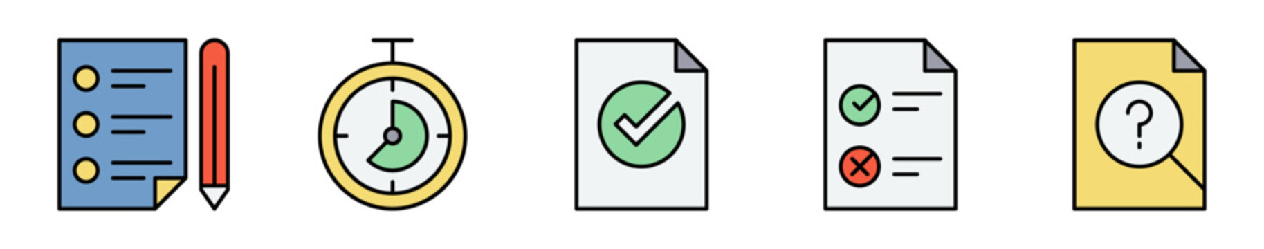 Conjunto de iconos de evaluaci&oacute;n y documentos. Representa control y validaci&oacute;n de informaci&oacute;n. Incluye lista, cron&oacute;metro, documento aprobado, verificaci&oacute;n y consulta. Ilustraci&oacute;n vectorial