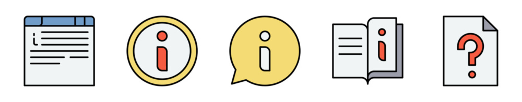 Conjunto de iconos de informaci&oacute;n. Representa orientaci&oacute;n y consulta. Incluye ventana informativa, s&iacute;mbolo y mensaje informativo, documento y preguntas frecuentes. Ilustraci&oacute;n vectorial