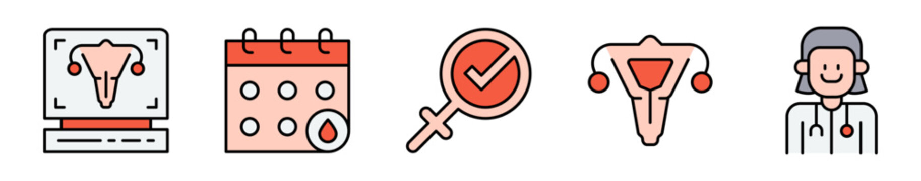Conjunto de iconos de salud femenina. Representa cuidado ginecol&oacute;gico y bienestar reproductivo. Incluye examen m&eacute;dico, calendario menstrual, salud femenina, sistema reproductivo y especialista