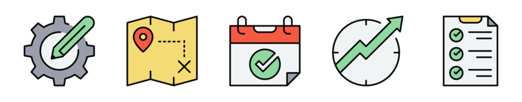 Conjunto de iconos de planificaci&oacute;n estrat&eacute;gica. Representa organizaci&oacute;n y seguimiento de objetivos. Incluye configuraci&oacute;n, mapa, calendario, crecimiento y lista de tareas. Ilustraci&oacute;n vectorial