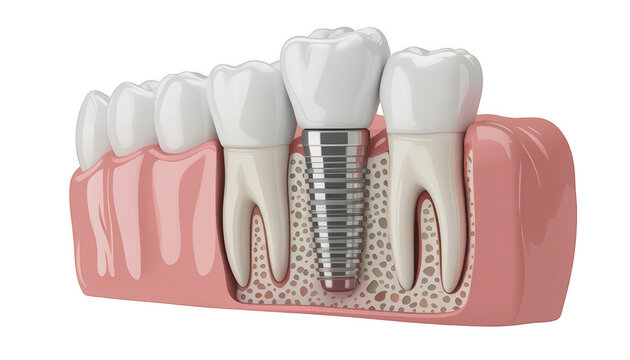 Dental implant in jawbone with natural teeth isolated on transparent background