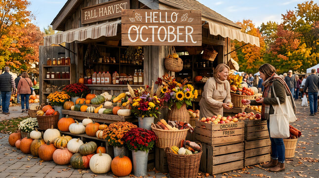Halloween harvest market autumn produce pumpkins and fall festival shopping scene