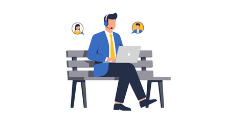 Fototapeta premium Customer Support Representative Working Remotely on Park Bench with Laptop and Headset Vector Illustration