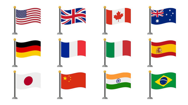 Set of 12 popular international country flags on flagpoles against a white background.