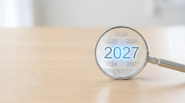 Magnifying glass focusing on 2027 year for future planning and business forecasting concept.