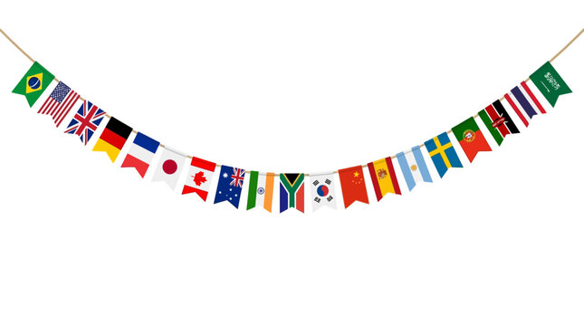 String of international country flags strung together on a line