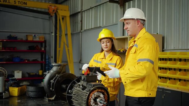Two caucasian professional industrial engineers wearing safety hard hats inspect an electric motor pump with a digital multimeter inside a manufacturing factory workshop during routine maintenance.
