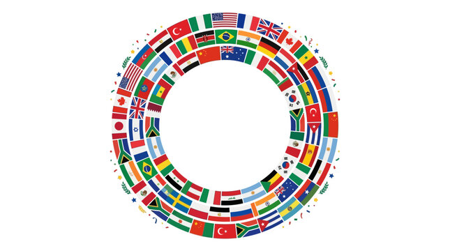 Circular frame made of diverse world flags on a white background.