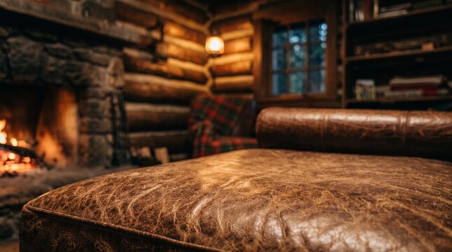 Cinematic log cabin room interior background with stone fireplace and snow window view mockup