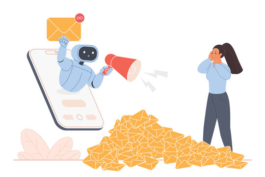 Cartoon robot assistant sending endless promotional emails from smartphone, overwhelming shocked woman with huge spam pile, concept of AI marketing automation abuse, vector illustration