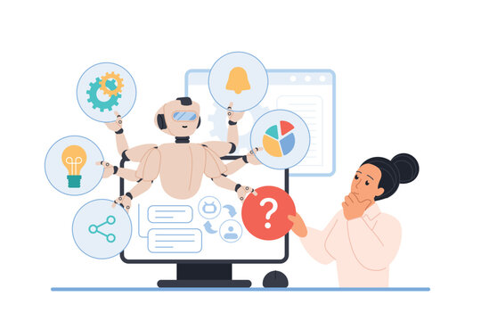 AI robot assistant on computer screen helping thoughtful woman manage notifications, analytics, ideas and workflow automation, answering question mark icon, isolated vector illustration