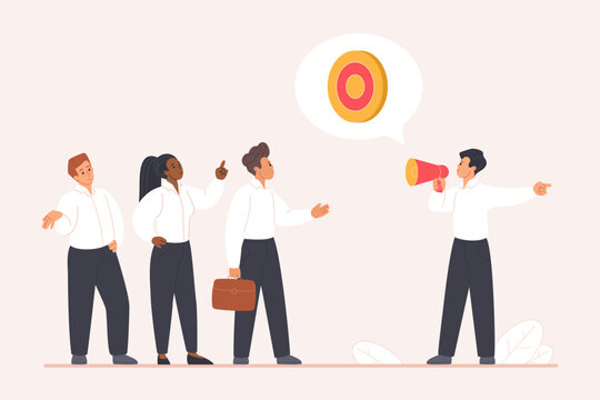 Business leader with megaphone explaining target goal to diverse office team, discussing strategy, leadership, communication, teamwork for achieving business success, isolated vector illustration