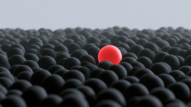 Single red sphere among many dark spheres