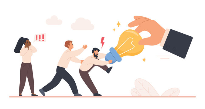 Concept of business competition, idea theft and copyright risk with shocked colleagues and giant hand grabbing light bulb, creative intellectual property conflict isolated on white vector illustration