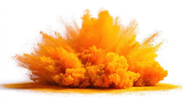 Orange powder explosion on white background