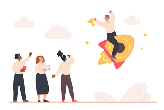 Office team watching successful colleague fly on rocket holding trophy, concept of business competition, leadership, achievement, career growth, startup success, vector illustration