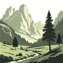 Fototapeta premium Hand-drawn of a serene mountain valley with a winding river, pine trees, and rocky peaks, isolated on a white background