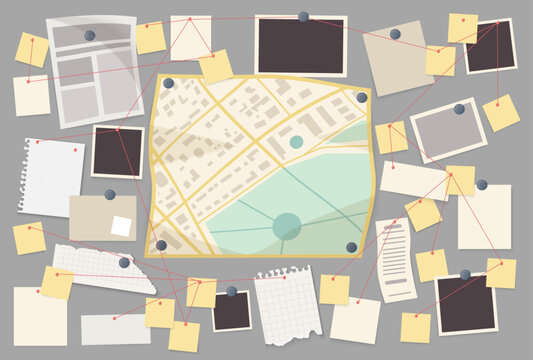 Crime investigation board with city map, photos, notes and red string connections on wall, concept of detective case analysis, mystery solving and police evidence organization vector illustration