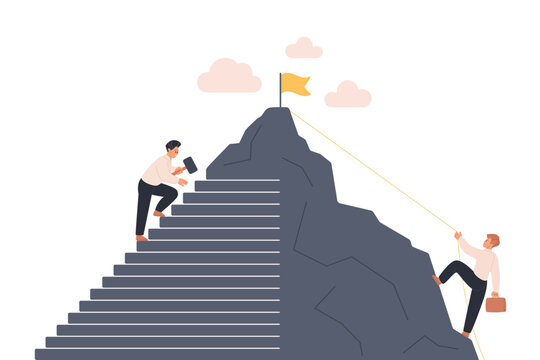 Two businessmen use different strategies to reach a career goal, one climbing stairs and another scaling a mountain with rope toward a flag, business success concept vector illustration
