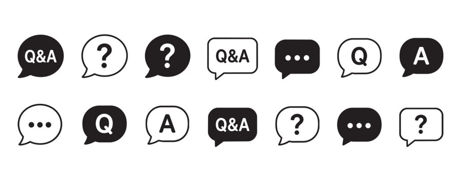 Question and answer icon set with FAQ, customer support, help center, inquiry, communication, discussion, chat bubbles, knowledge base, response and outline interface collection
