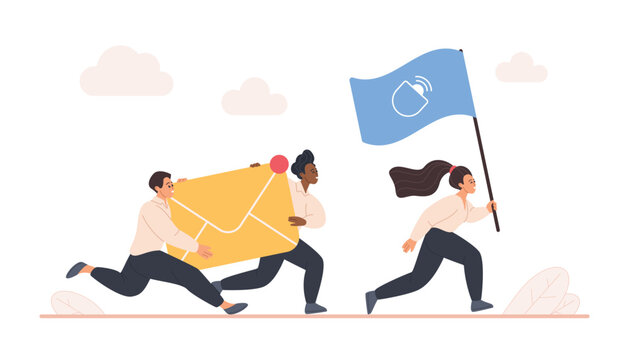 Office team running with giant email envelope and notification flag, concept of fast message delivery, teamwork and digital communication, isolated on white background vector illustration