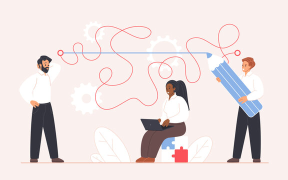 Office team collaborates to turn tangled path into straight solution line, concept of easy way shortcut, teamwork, project planning and workflow optimization, black character, vector illustration