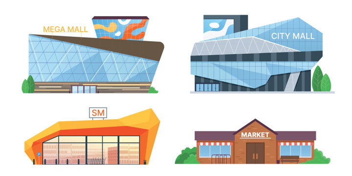 Set of modern grocery shop, supermarket, mega mall and city mall storefront facades for retail, shopping center, urban street market and commercial architecture concepts vector illustration