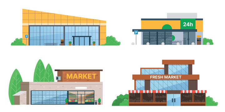 Modern grocery shop supermarket exterior set with different market facades, storefronts, parking, greenery for retail, shopping, city planning concepts isolated on white background vector illustration
