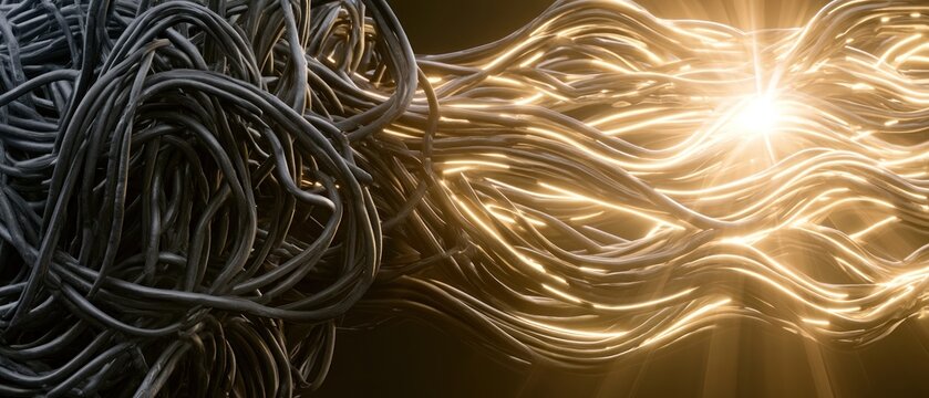Tangled wires transforming into bright energy